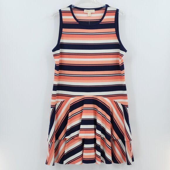 Michael Kors Drop Waist Dress Size XL Pink Blue Stripe Flounce Ruffle Preppy Y2K - Picture 2 of 9